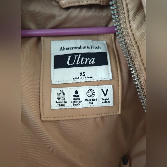 Abercrombie & Fitch Ultra Vegan Leather Tan Puffer Jacket Size XS - Picture 2 of 3